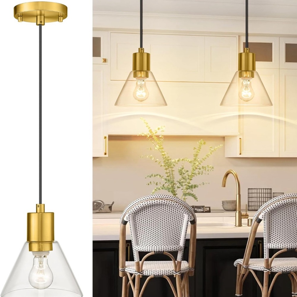 Gold Glass Pendant Light, Modern Kitchen bathroom Clear‎ Glass in Gold Finish - Picture 3 of 3